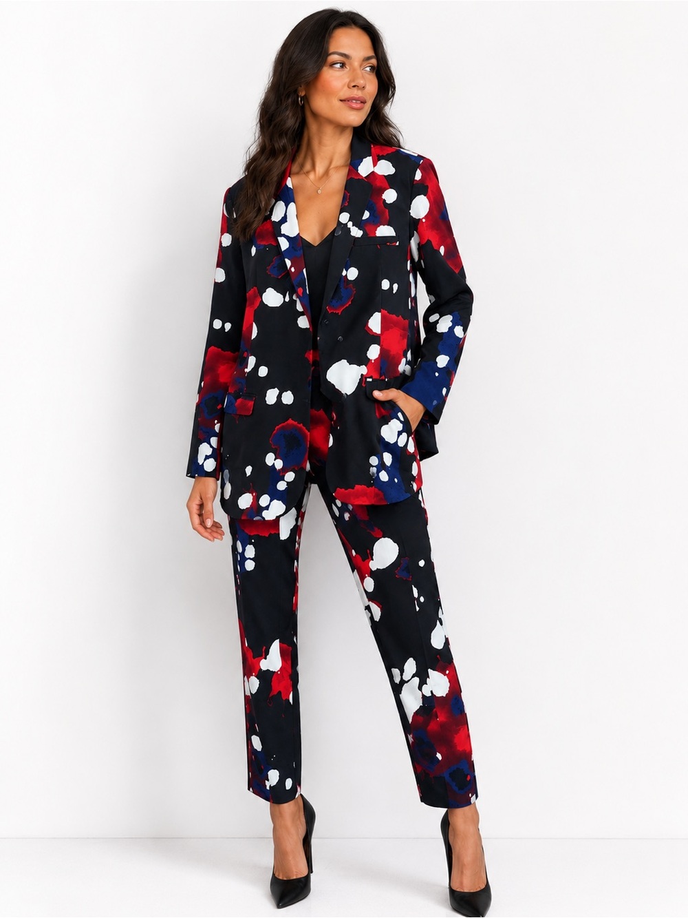 Diane von Furstenberg Silk Blend Abstract Print Suit Set Blazer 12 Pants 14